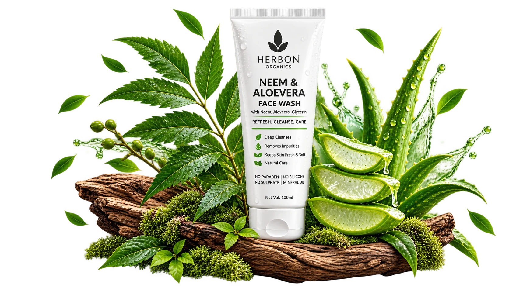 Herbon Organics Neem & Aloe Vera Face Wash - Natural Cold-Pressed Botanical Skincare